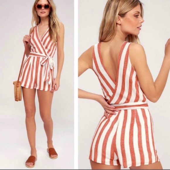 Lulus Pants - Lulu’s Pier Pleasure Romper Red White Stripe Large